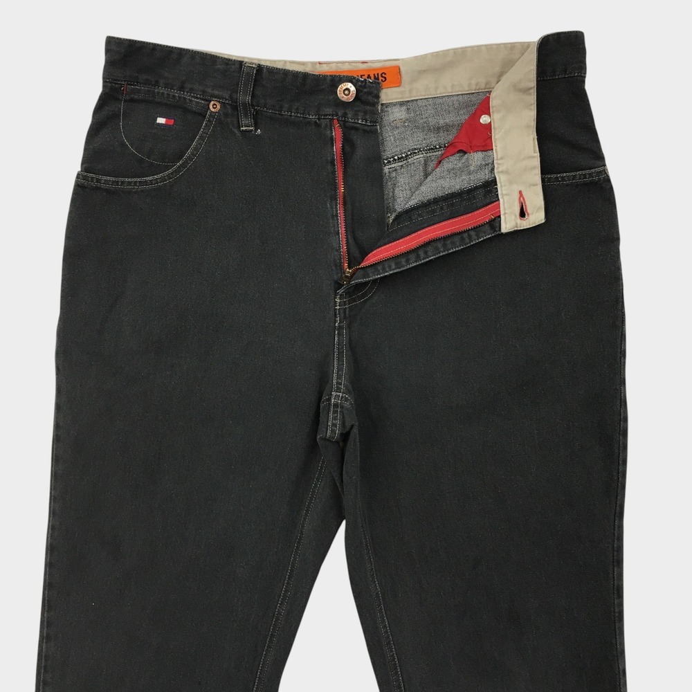 VINTAGE Tommy Jeans Mens Black Relaxed Loose Leg Denim Flag Logo D-Ring 33x32